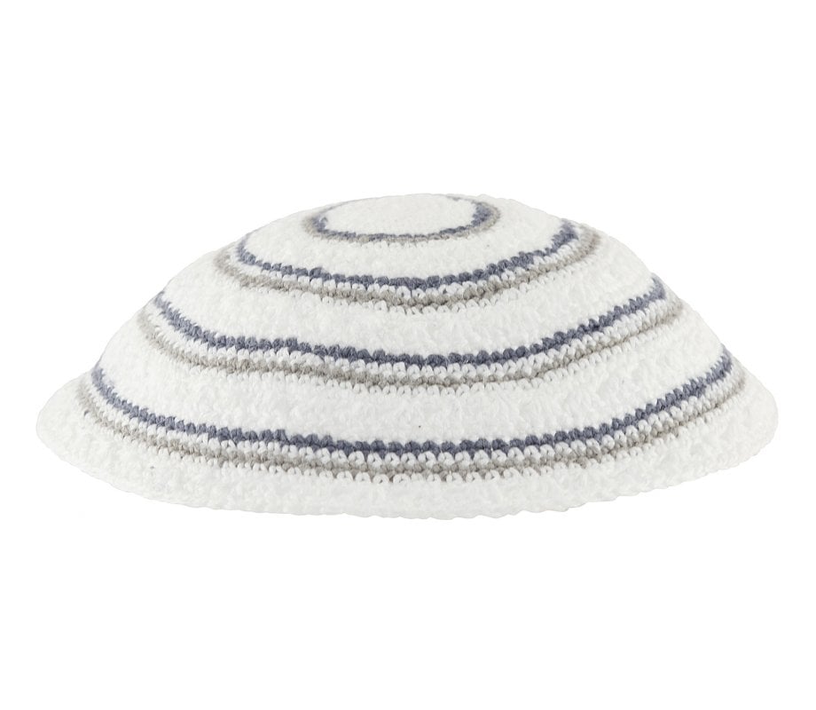 White DMC Knitted Kippah with Narrow Gray and Blue Circular Stripes