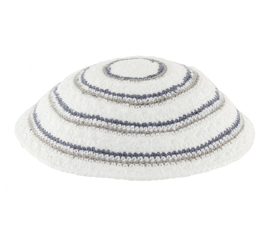 White DMC Knitted Kippah with Narrow Gray and Blue Circular Stripes