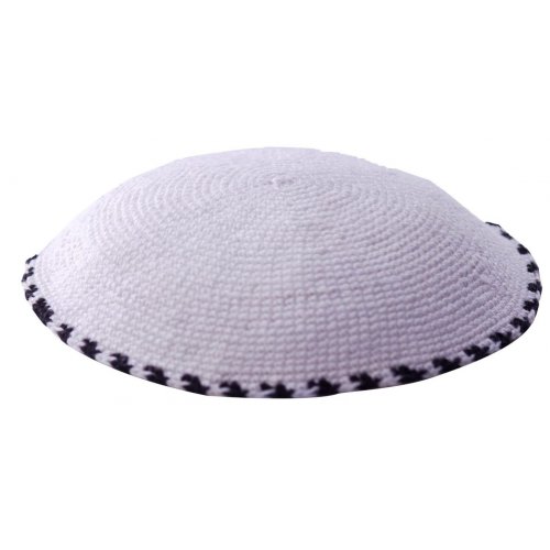 White DMC Knitted Kippah with Thin Black Border Design