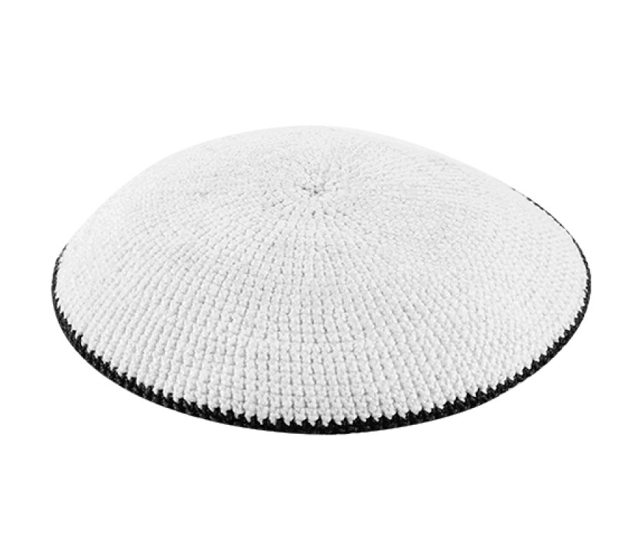 White DMC Knitted Kippah with Thin Black Border Stripe