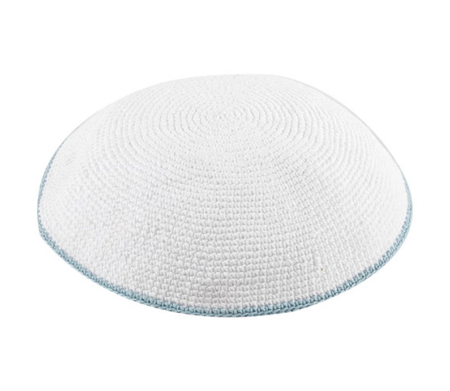 White DMC Knitted Kippah with Thin Light Blue Border Stripe