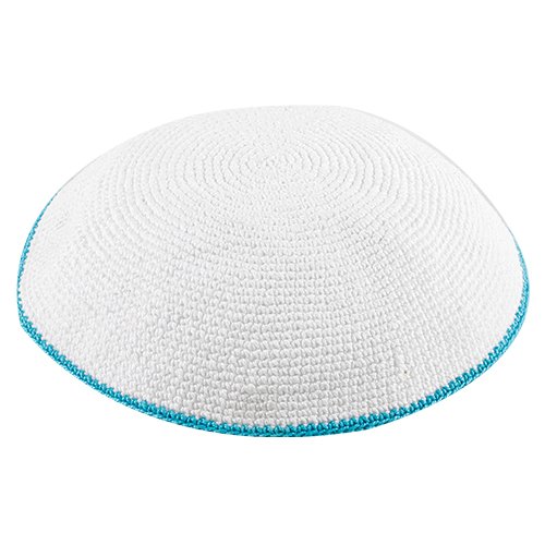 White DMC Knitted Kippah with Thin Light Blue Border Stripe - Various Sizes