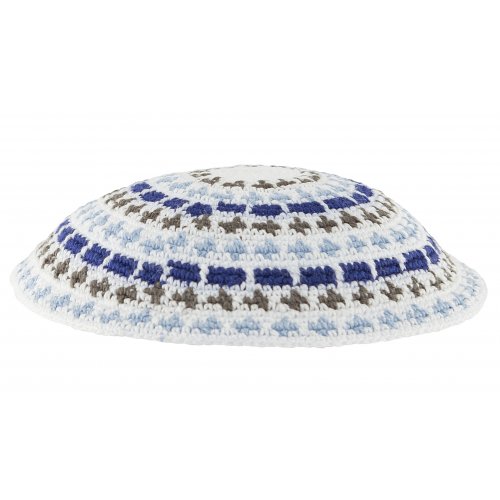 White DMC knitted kippah with Olive, Blue and White Stripes