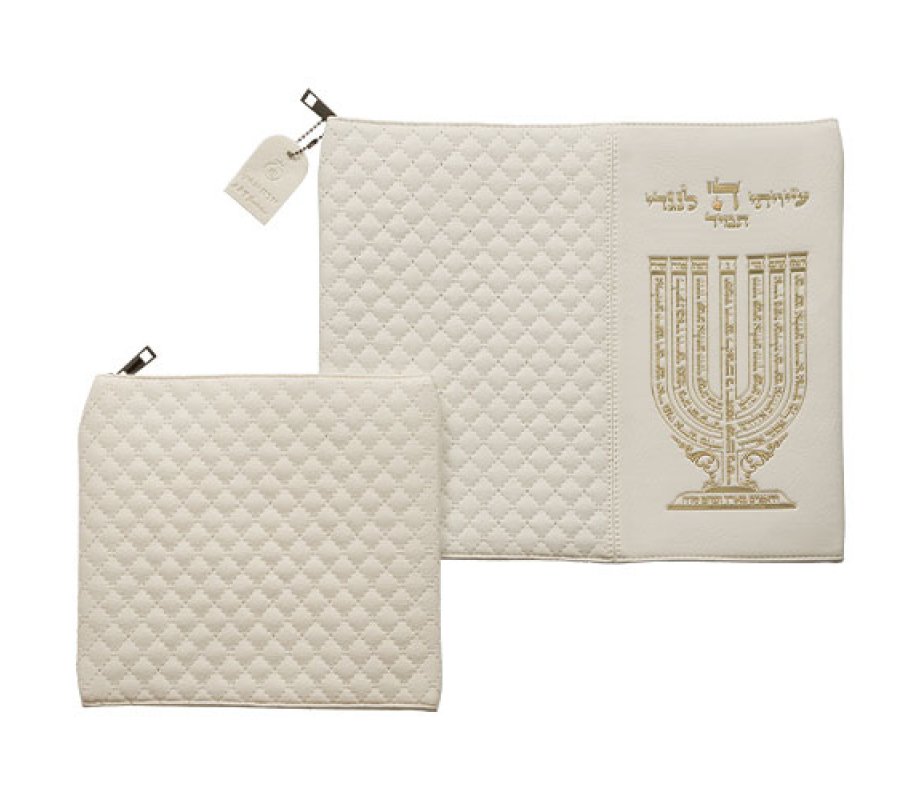 White Faux Leather Tallit & Tefillin Bags – Shiviti , Menorah Image and Psalm 67