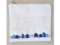 White Faux Leather Tallit and Tefillin Bag Set - Embroidered Jerusalem Images