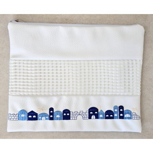 White Faux Leather Tallit and Tefillin Bag Set - Embroidered Jerusalem Images
