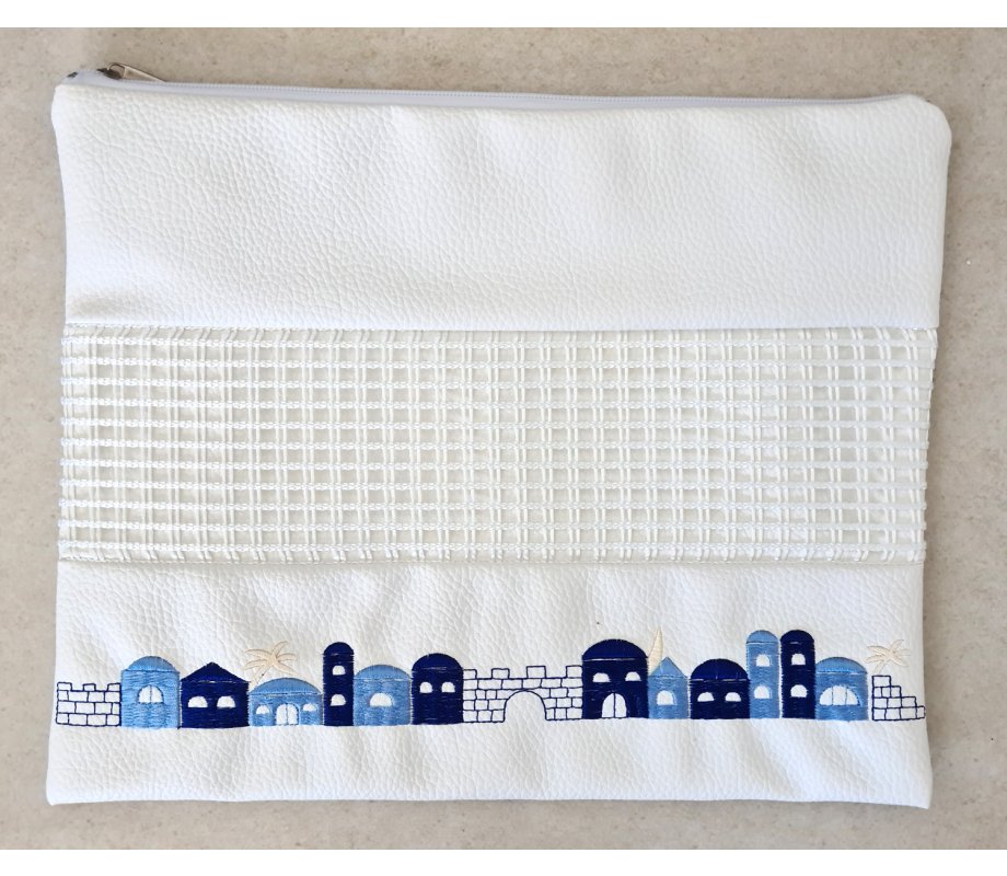 White Faux Leather Tallit and Tefillin Bag Set - Embroidered Jerusalem Images