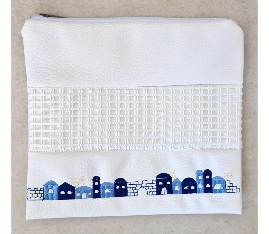 White Faux Leather Tallit and Tefillin Bag Set - Embroidered Jerusalem Images