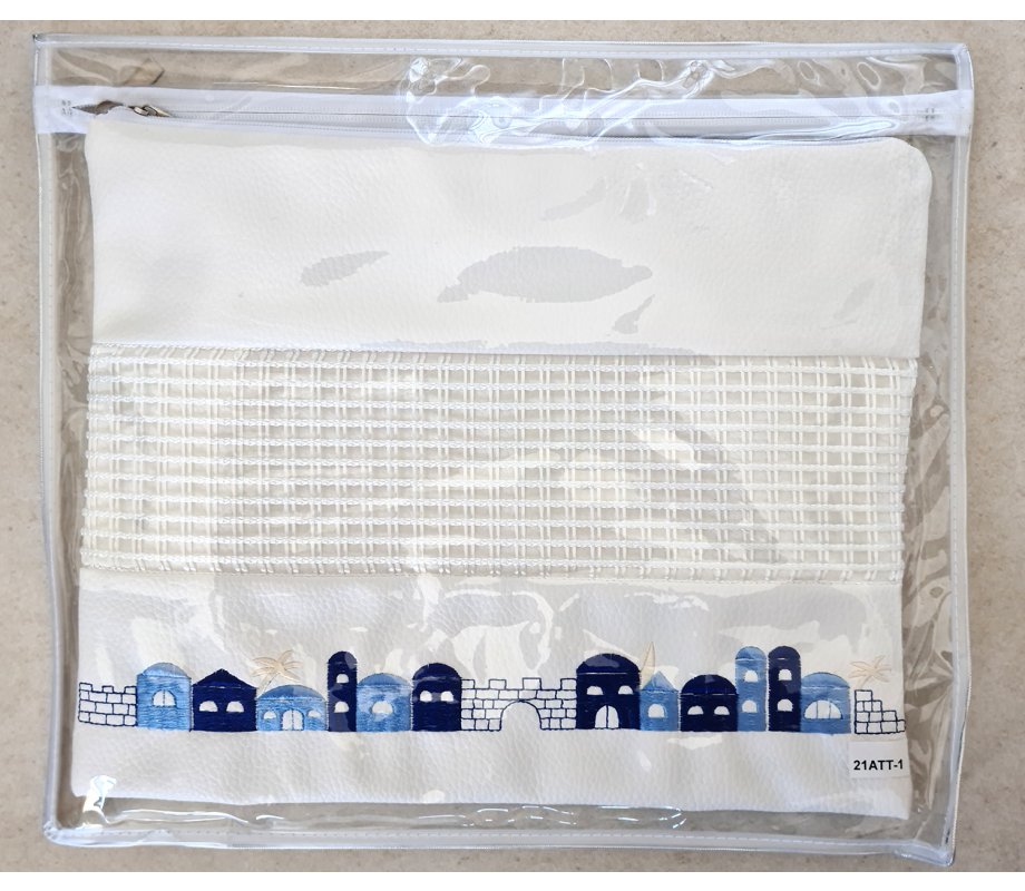 White Faux Leather Tallit and Tefillin Bag Set - Embroidered Jerusalem Images