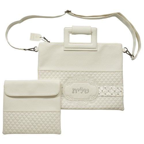 White Faux Leather Tallit and Tefillin Bag Set, Diamond Design - Shoulder Strap
