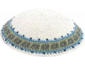 White Knitted Cotton Kippah with Border Stripes in Green and Gray