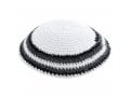White Knitted Cotton Kippah with Gray, Black and White Border Stripes
