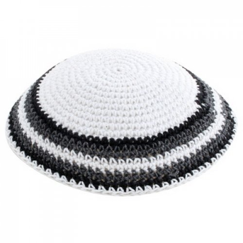 White Knitted Cotton Kippah with Gray, Black and White Border Stripes