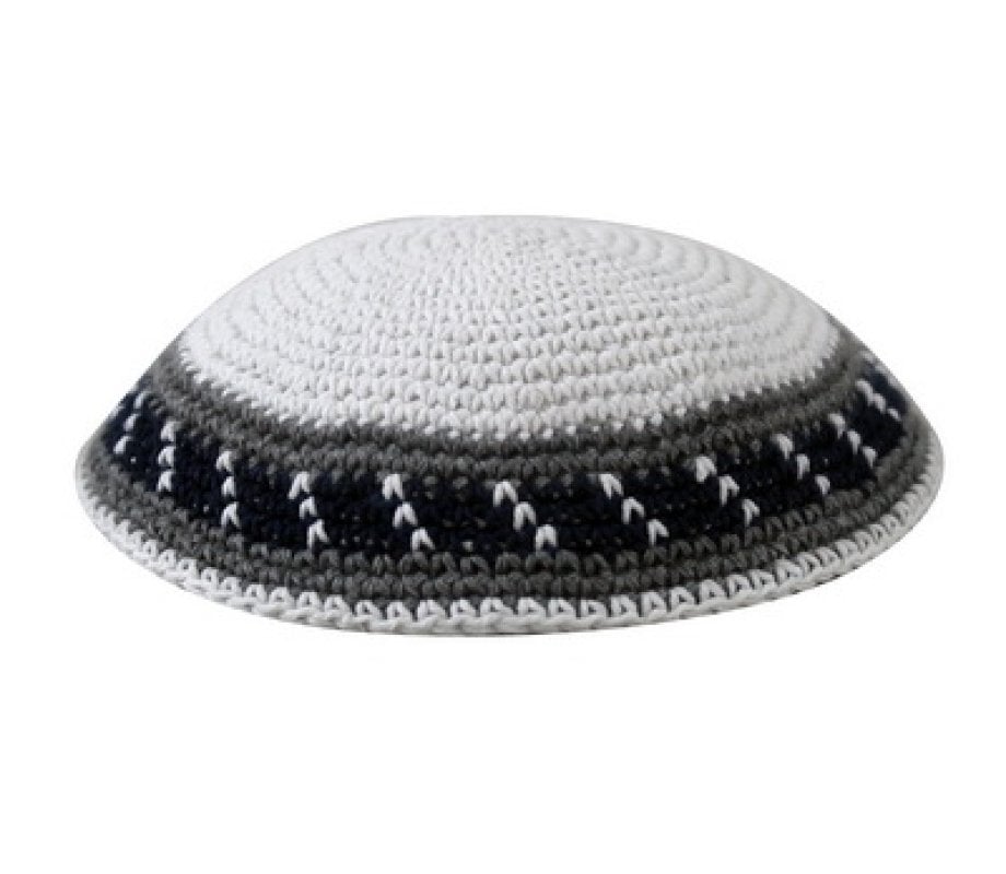 White Knitted Cotton Kippah with Gray Stripes Border Design