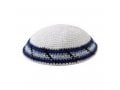 White Knitted Cotton Kippah with White, Blue and Black Border