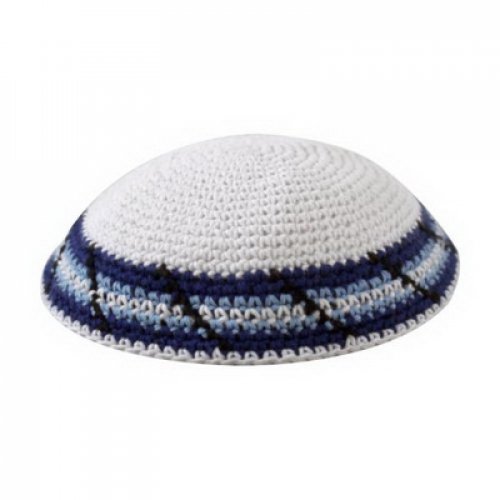 White Knitted Cotton Kippah with White, Blue and Black Border