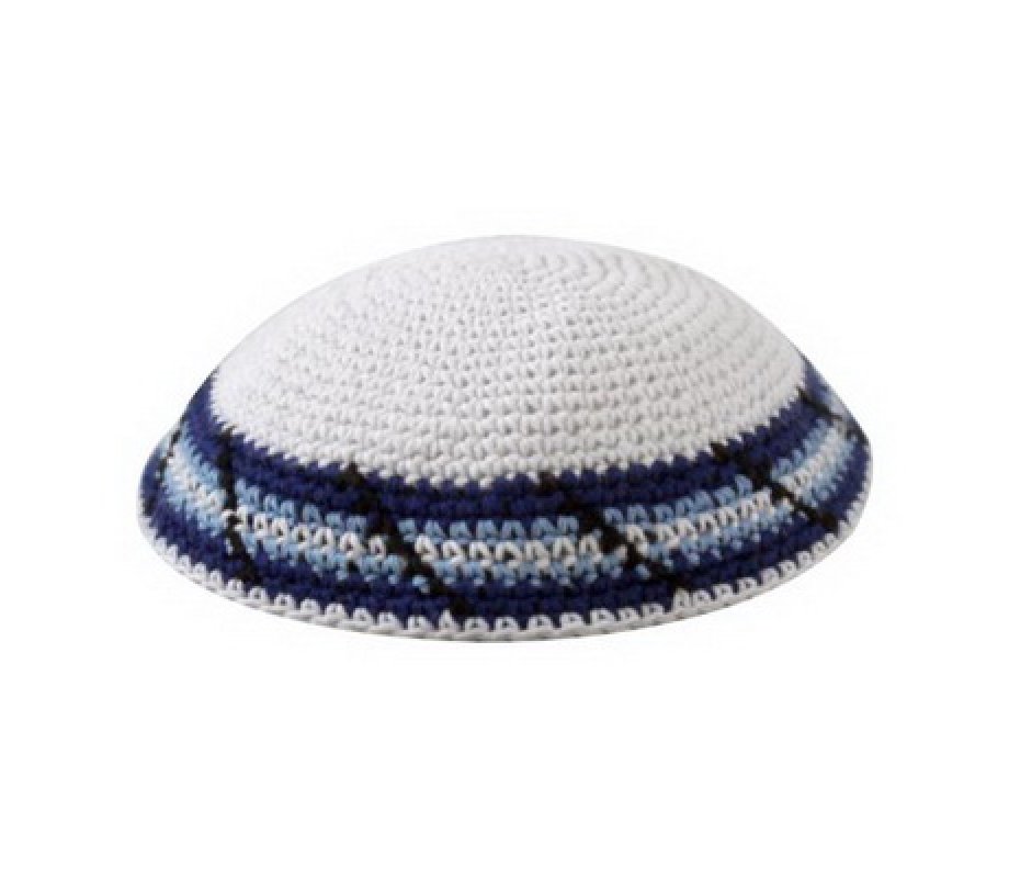 White Knitted Cotton Kippah with White, Blue and Black Border