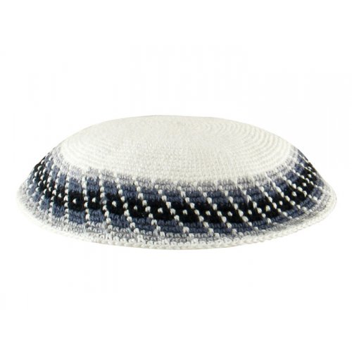 White Knitted DMC Kippah - Blue Diagonal Design