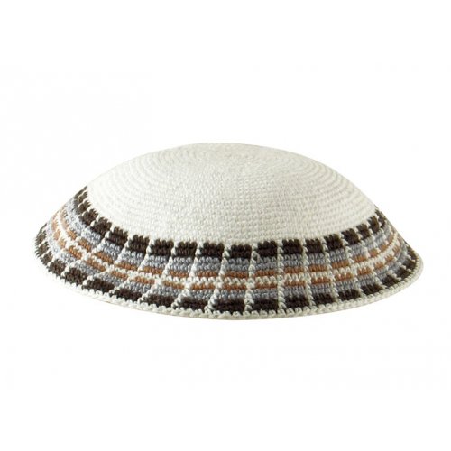 White Knitted DMC Kippah - Gray and tan diagonal border