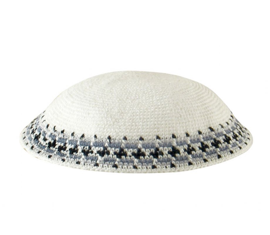 White Knitted DMC Kippah - Gray-Blue-Black Rim