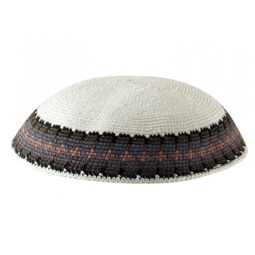 White Knitted DMC Kippah with Gray and Tan Rim