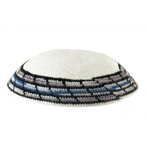 White Knitted DMC Kippah with border in shades of gray and blue