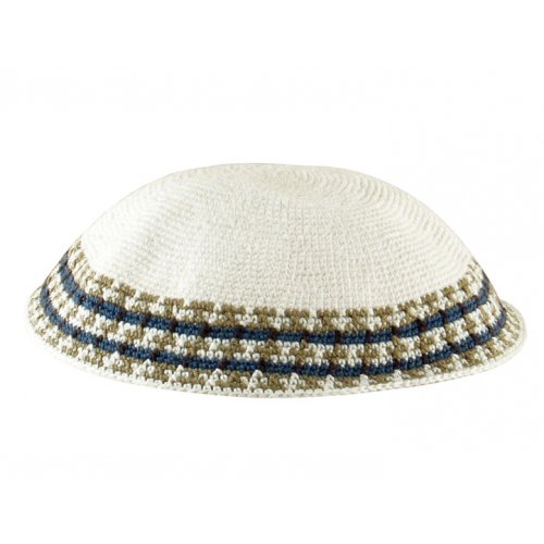 White Knitted DMC Kippah with shades of green
