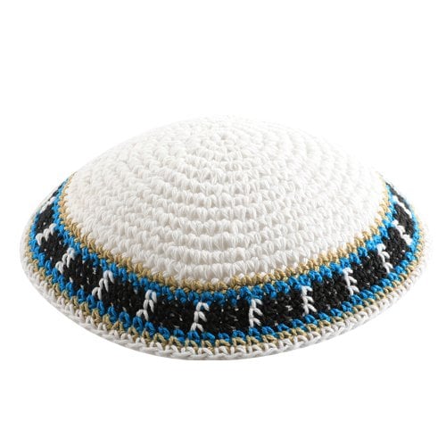 White Knitted Kippah with Blue and White Border
