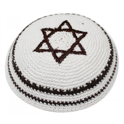 White Knitted Kippah with Brown Star of David