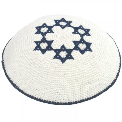 White Knitted Kippah with Dark Blue Stars of David