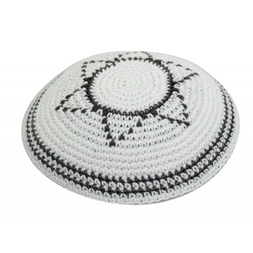 White Knitted Kippah with Dark Gray Star of David