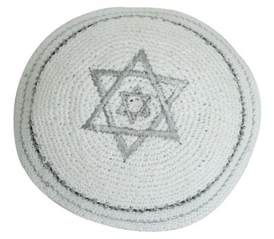 White Knitted Kippah with Double Silver Star of David