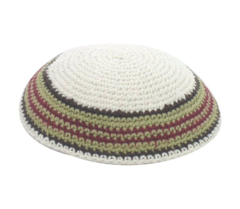 White Knitted Kippah with Green and Maroon Border Stripes