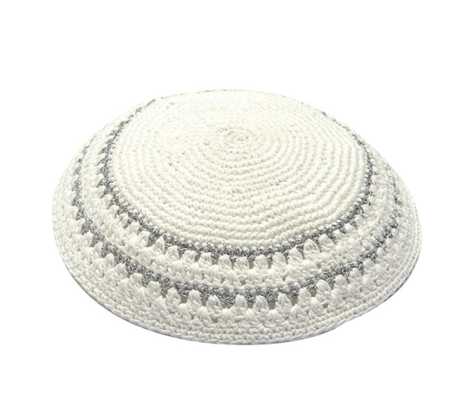 White Knitted Kippah with Large Stitch Silver Stripes