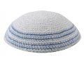 White Knitted Kippah with Light Blue Stripes Around the Edge - Choice of Sizes