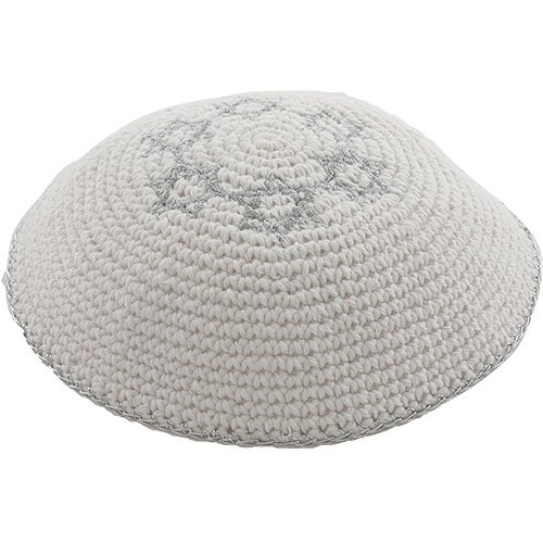 White Knitted Kippah with Silver Stars of David