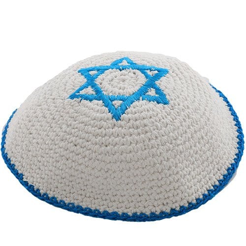 White Knitted Kippah with center Blue Magen David