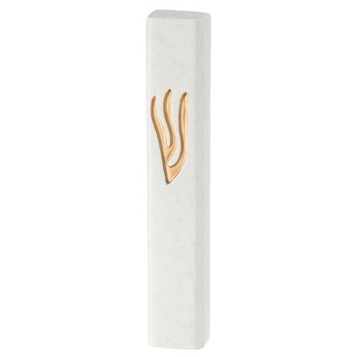 White Marble Polyresin Mezuzah Case, Decorative Gold Shin - For 12 cm Scroll