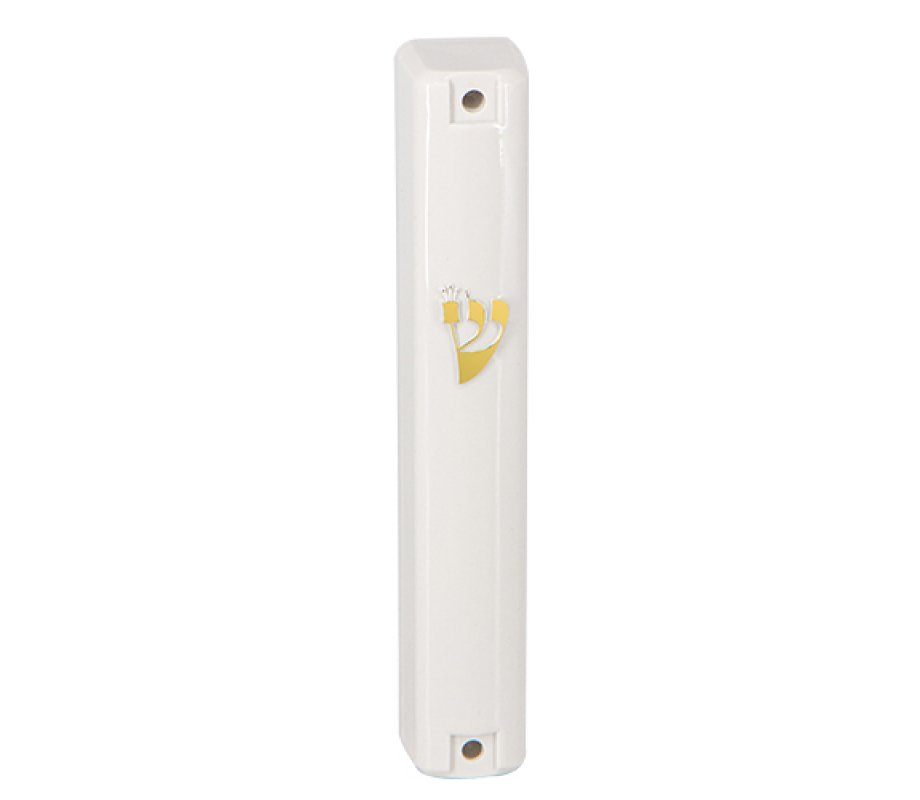 White Plastic Lucite Mezuzah Case with Gold Shin Letter - Various Lengths