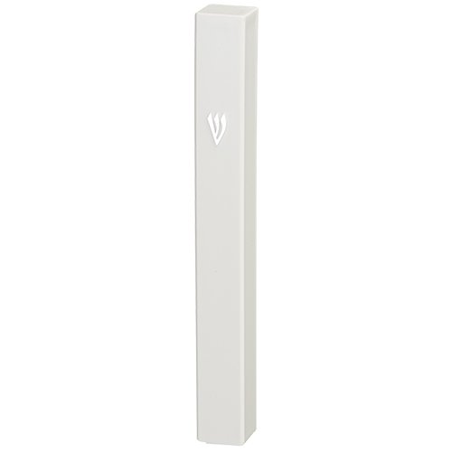 White Plastic Mezuzah Case, Silver Shin – Option: for 12 cm or 10 cm Scroll