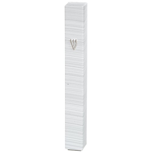 White Plastic Mezuzah Case with Fine Silver Stripes, Silver Shin – Various Sizes