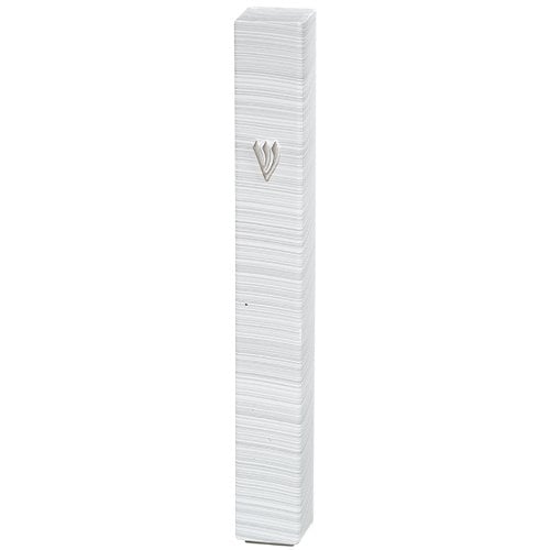 White Plastic Mezuzah Case with Fine Silver Stripes, Silver Shin  Various Sizes