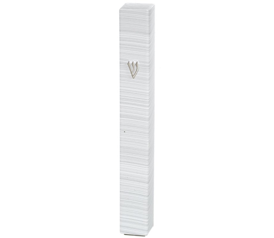 White Plastic Mezuzah Case with Fine Silver Stripes, Silver Shin – Various Sizes
