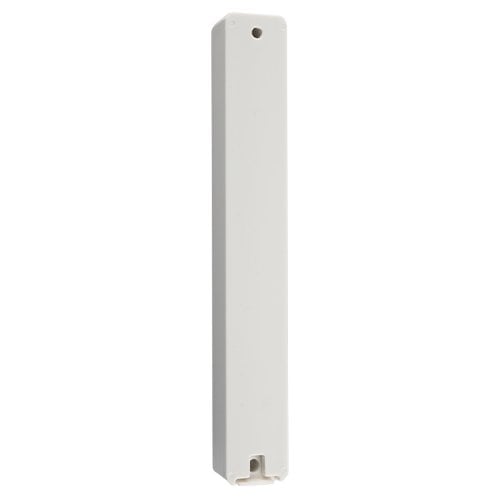 White Plastic Mezuzah Case with Shema Prayer Words and Silver Shin