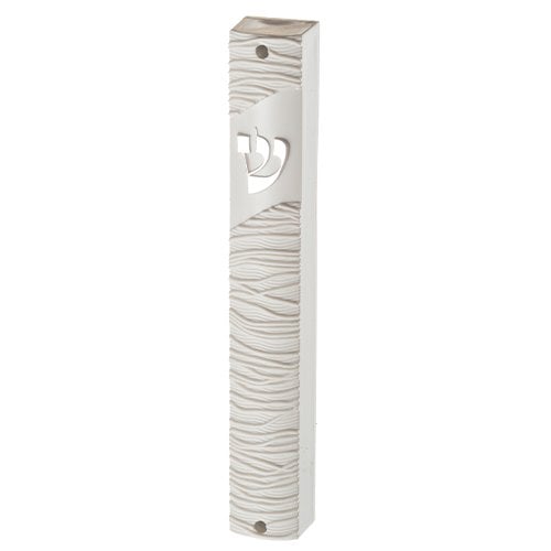 White Plastic Mezuzah Case with Thread Design - Silver Shin