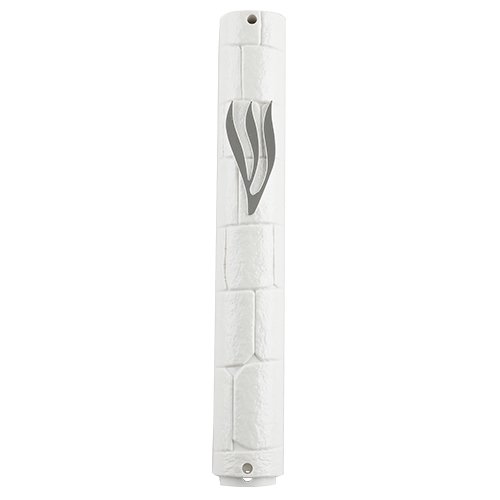 White Plastic Mezuzah Case with Western Wall Image – Silver Shin