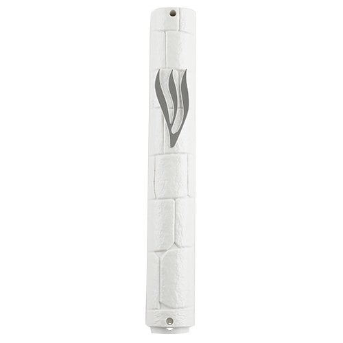 White Plastic Mezuzah Case with Western Wall Image  Silver Shin