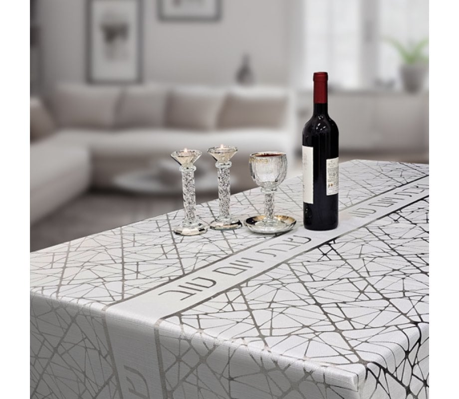 White Polyester Shabbat Tablecloth - Silver Splash Shabbat veYom Tov Design
