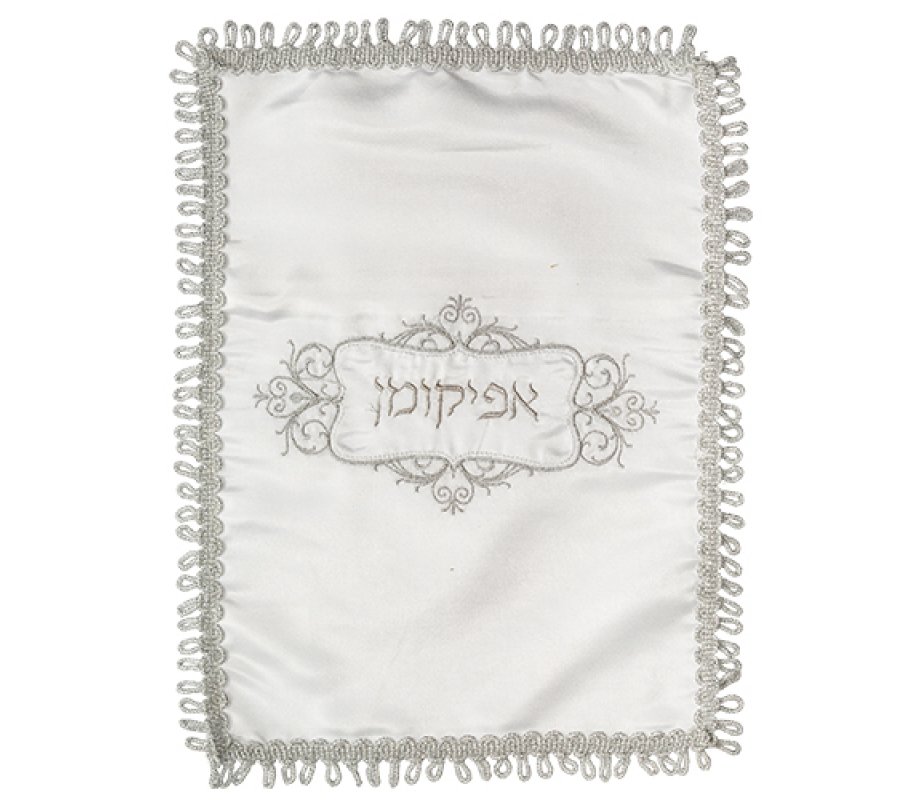 White Satin Afikoman Bag, Silver Embroidery - Ornate Frame Design with Fringes