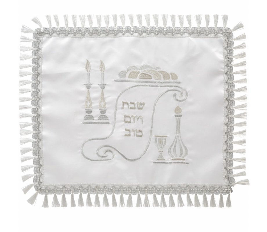 White Satin Challah Cover, Silver Embroidery - Shabbat Design